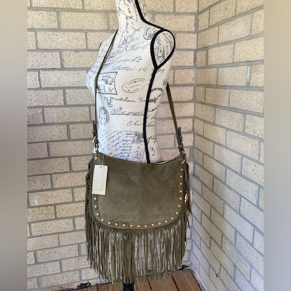 Michael Kors Dakota Olive Green Suede Leather Saddle Bag Long Fringe Gold Studs - Picture 16 of 17